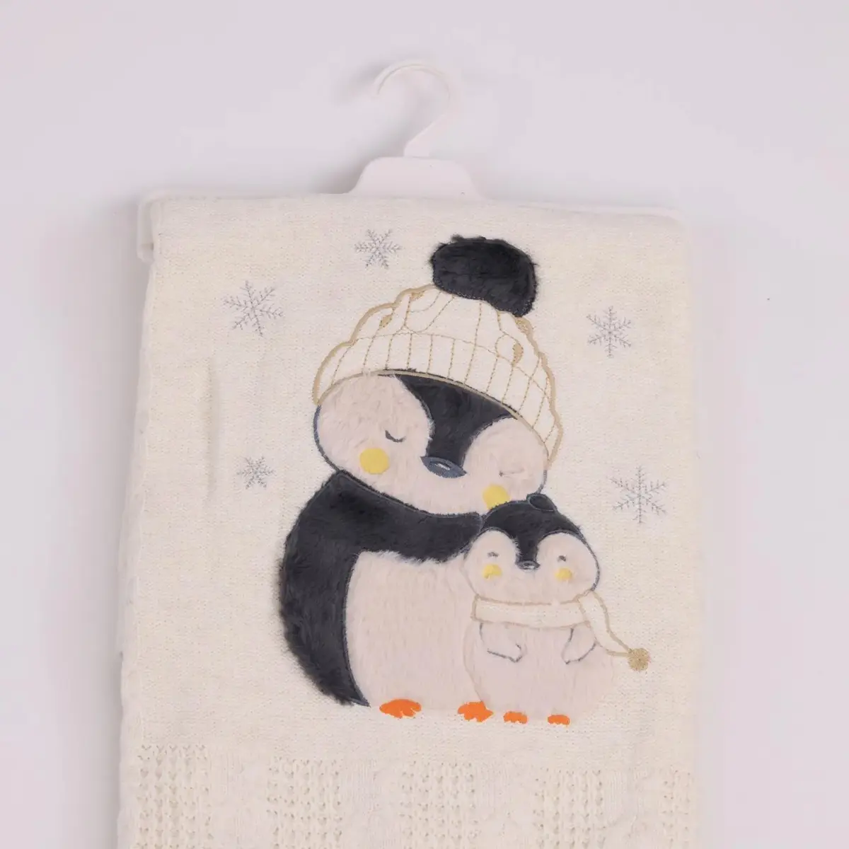 Mini Damla Battaniye Triko Penguen Nakışlı 80x100cm Ekru