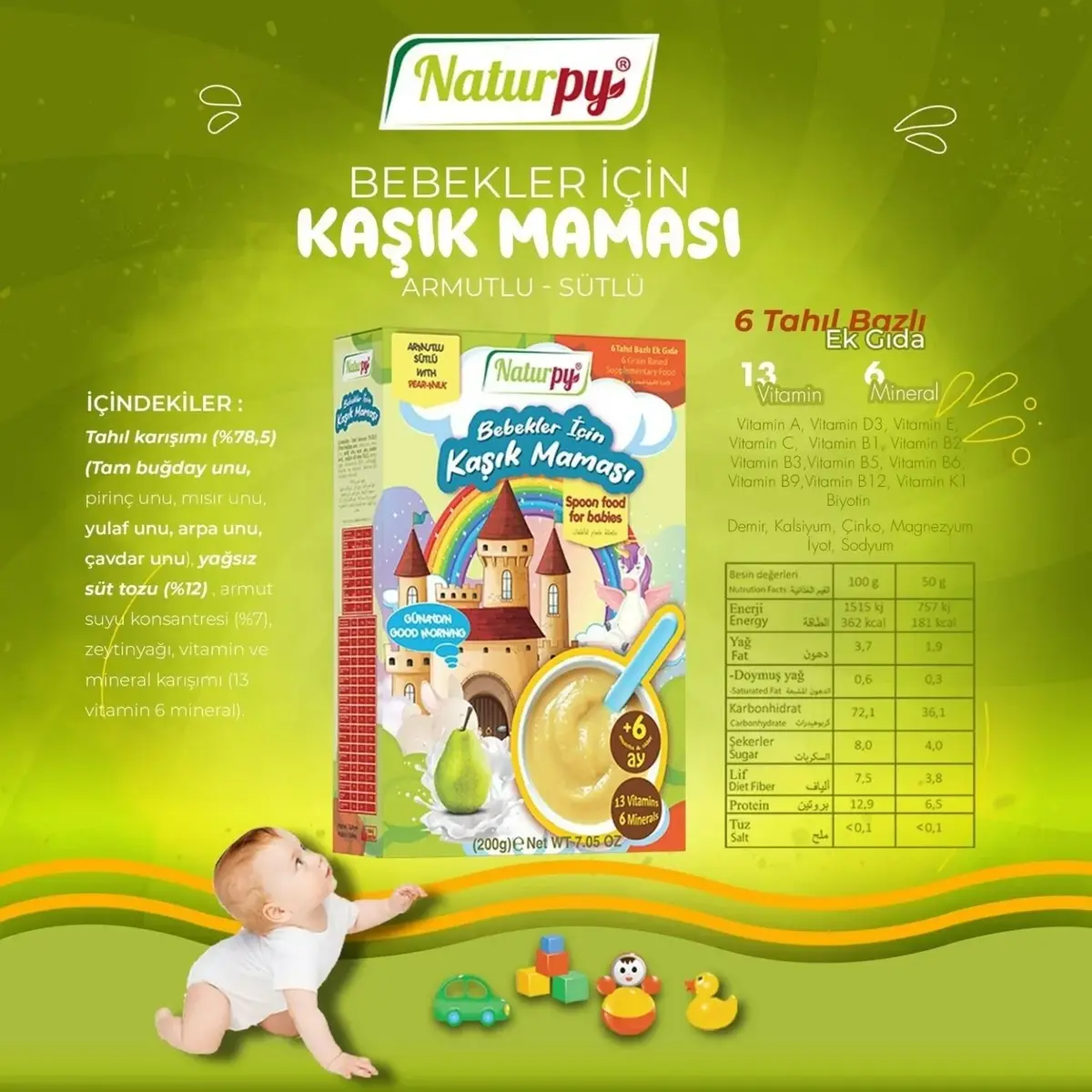 Naturpy 6 Tahıllı Sütlü Armutlu ve Zeytinyağlı Kaşık Maması 200 gr