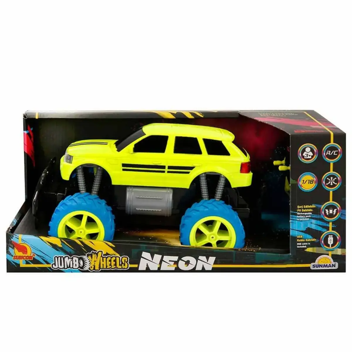 Uzaktan Kumandalı Neon Jumbo Wheels USB Şarjlı Araba 26 cm 1:18 