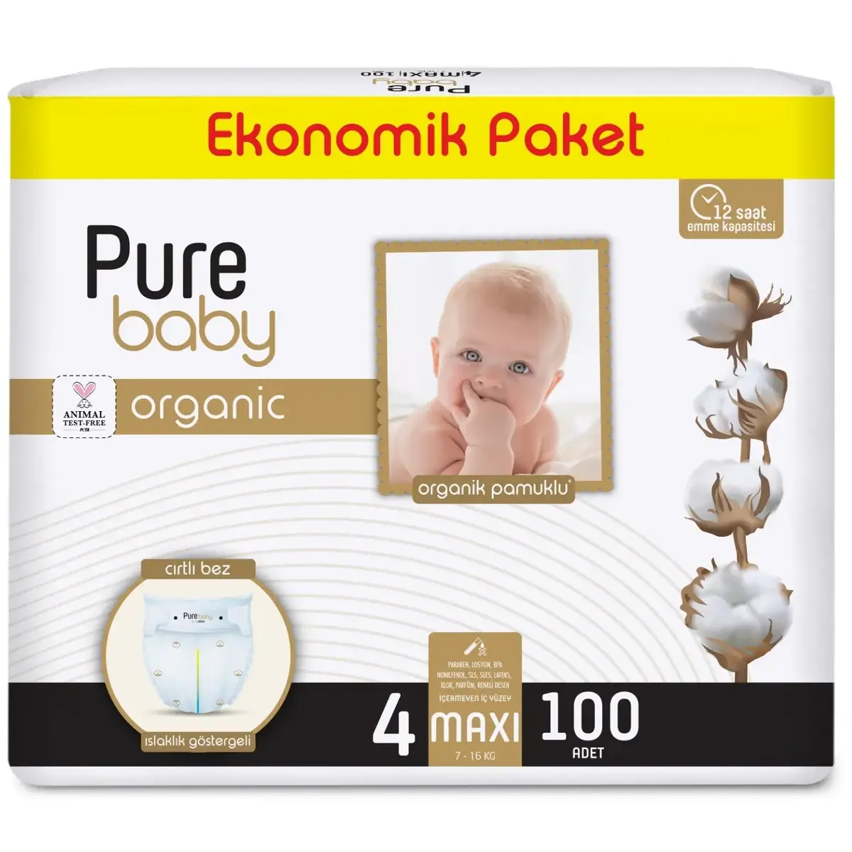 Pure Baby Organik Bebek Bezi 4 Beden Maxi 100lü