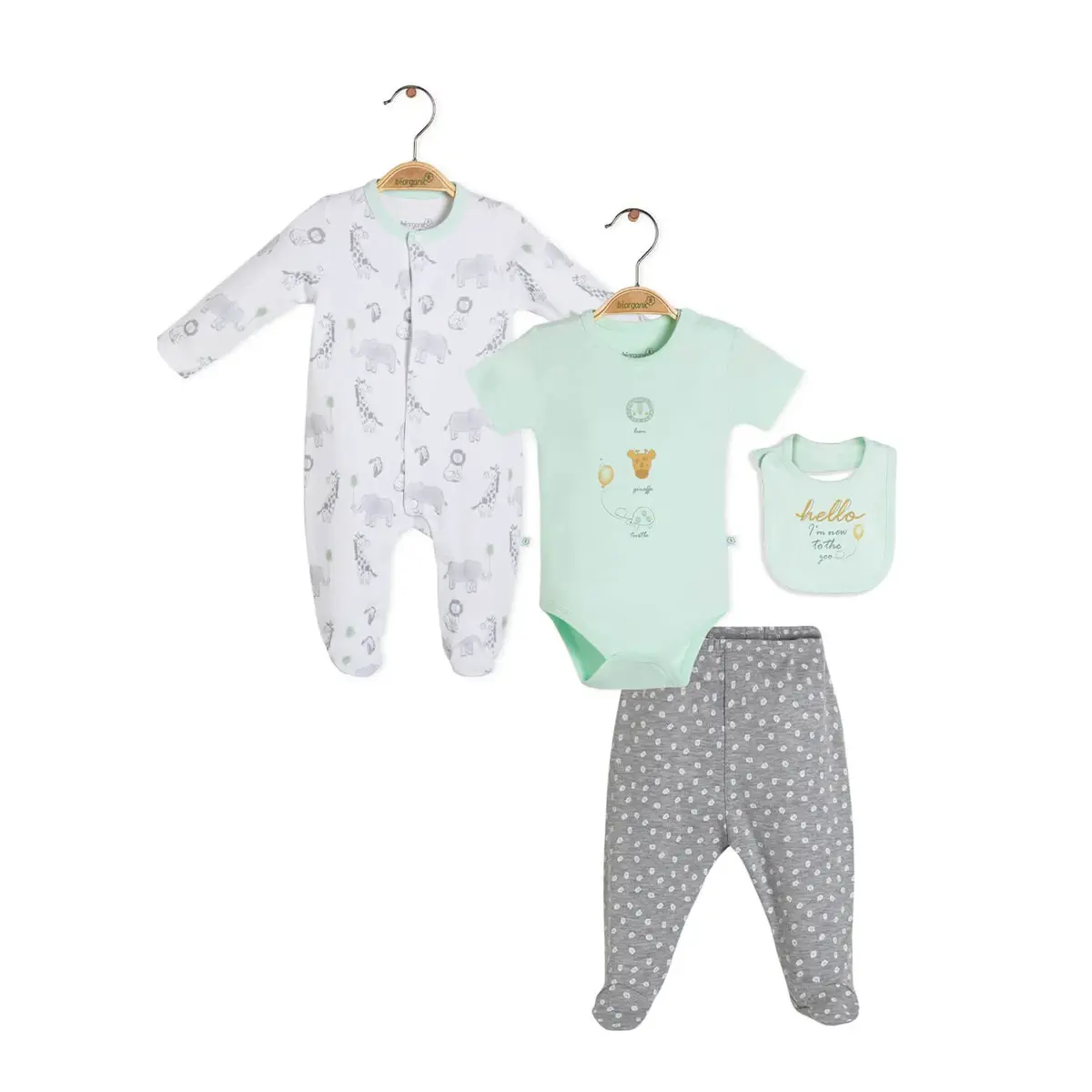 Bibaby Organik Tulum Takımı tüllü Organik Travel Zoo Yeşil - Gri
