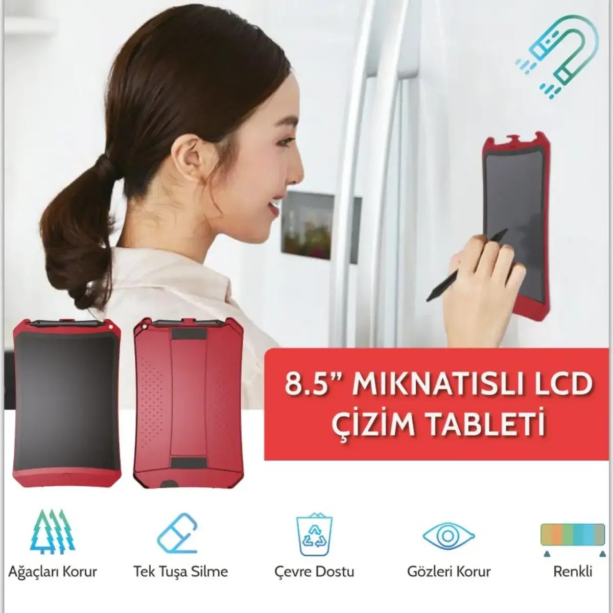 Wicue LCD Dijital Mıknatıslı Renkli Çizim Tableti 8,5" Kırmızı
