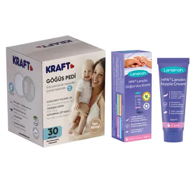 Lansinoh Lanolin Göğüs Ucu Kremi 10 ml +Kraft Jelli Göğüs Pedi 30lu Ten