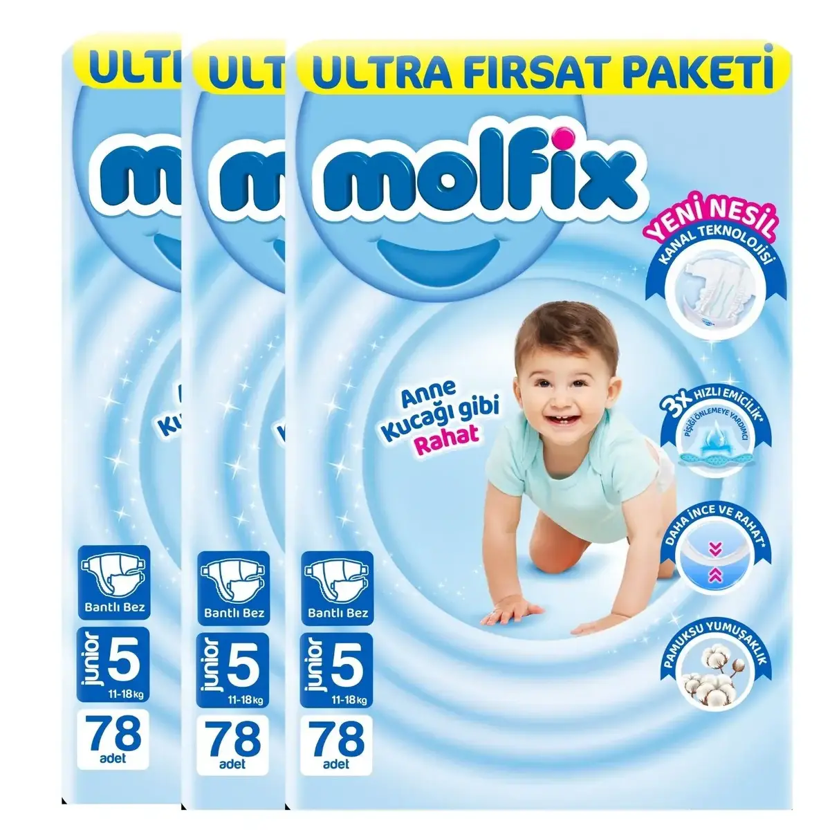 Molfix Bebek Bezi 3D 5 Beden Junior 11-18 Kg 78li Ultra Fırsat Paketi x3