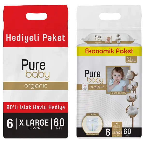 Pure Baby Organik Bebek Bezi 6 Beden Jumbo 60lı Islak Mendil Hediyeli