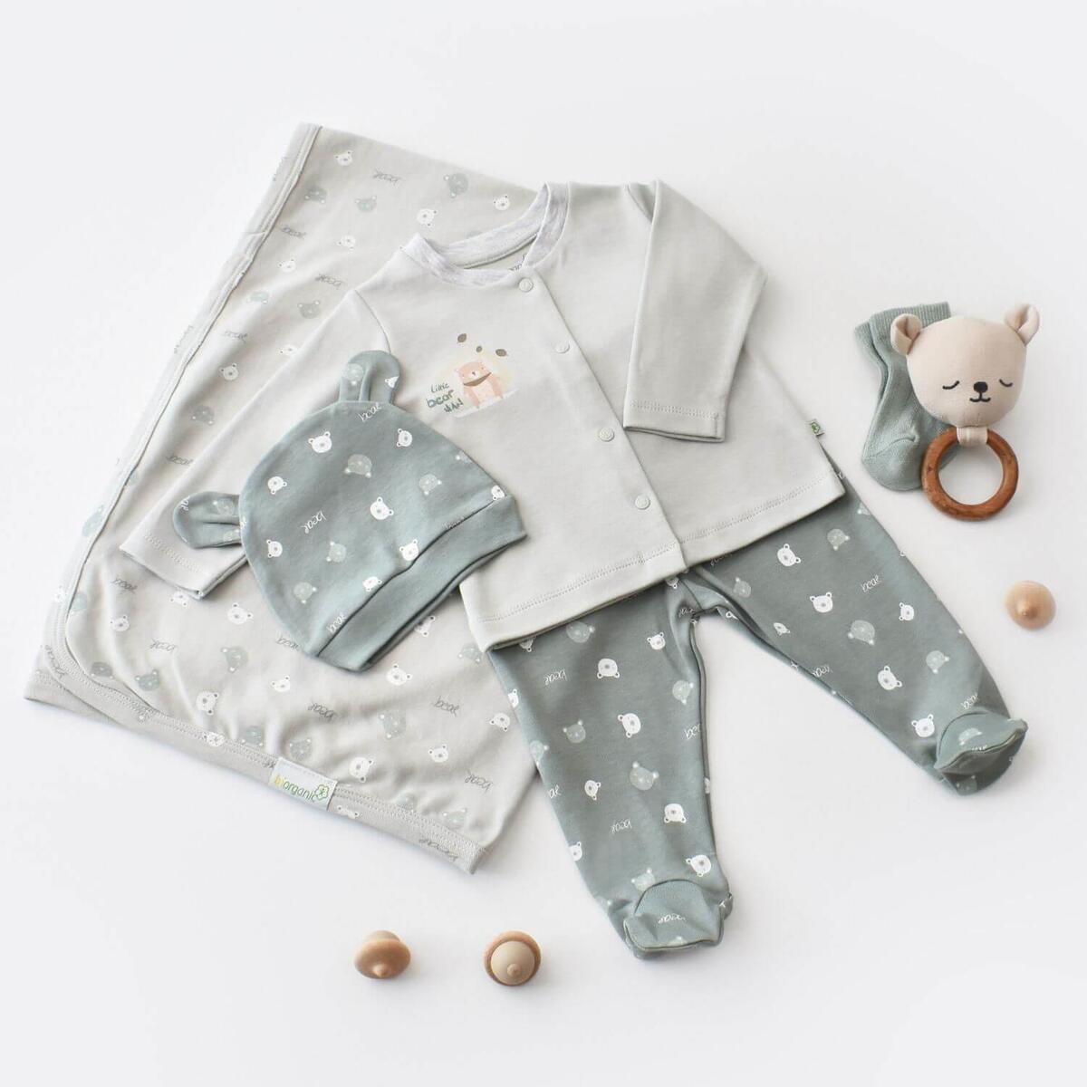 Bibaby Organik Zıbın Takımı Battaniyeli Tüllü Hug Me Bear Yeşil