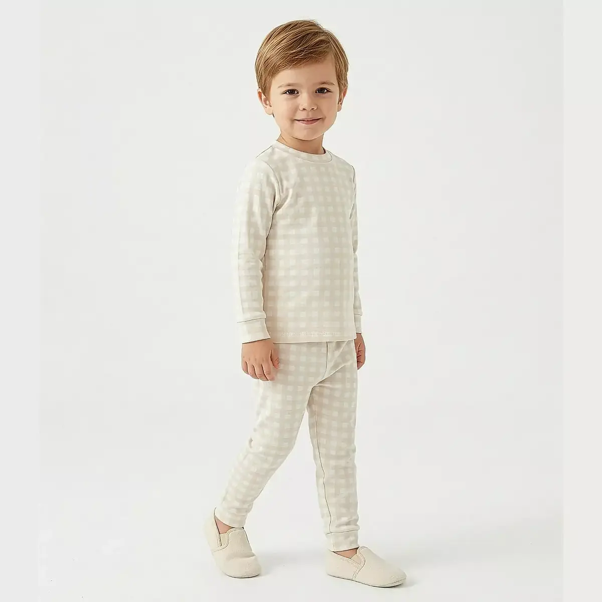 Ella Bonna Pijama Takımı Bej Ekose