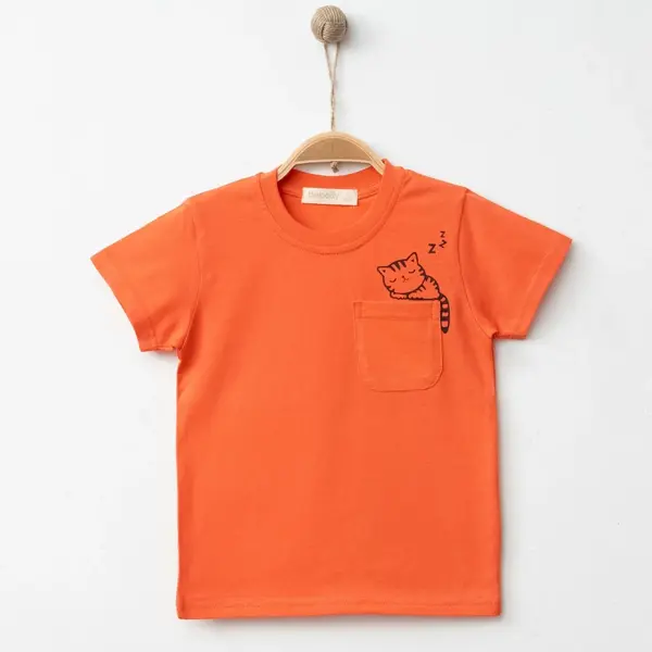 Hira T-Shirt Uykucu Kedi Baskılı Mercan