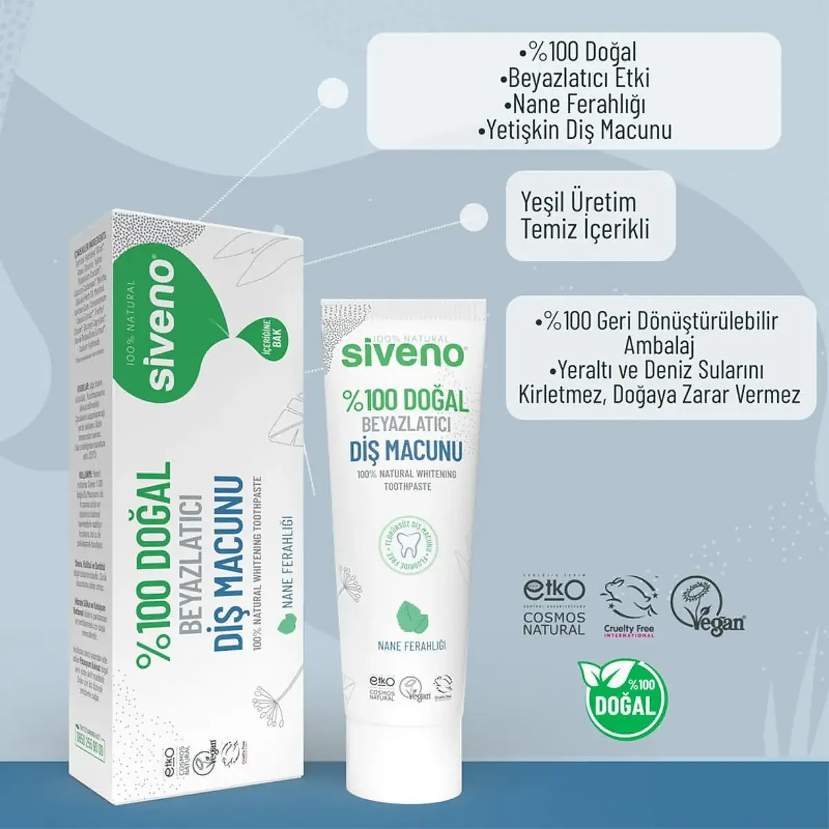 Siveno %100 Doğal Beyazlatıcı Diş Macunu – Yetişkin 65 g.