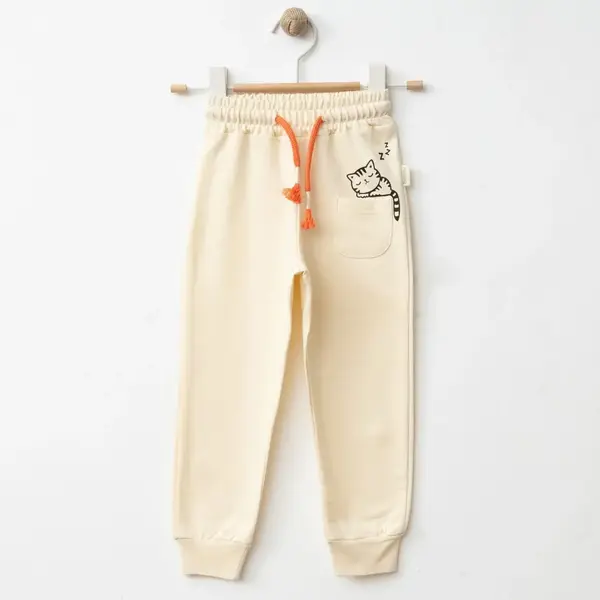 Bebolly Eşofman Altı Uykucu Kedi Baskılı Bej