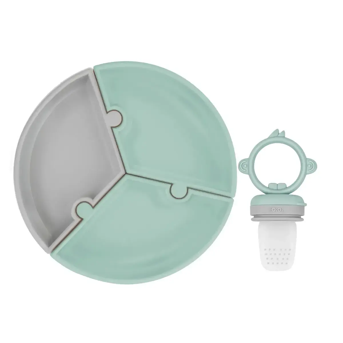 Oioi Puzzle Vakumlu Mama Tabağı+OiOi Püre Meyve Ve Sebze Alıştırıcı River Green - Powder Grey