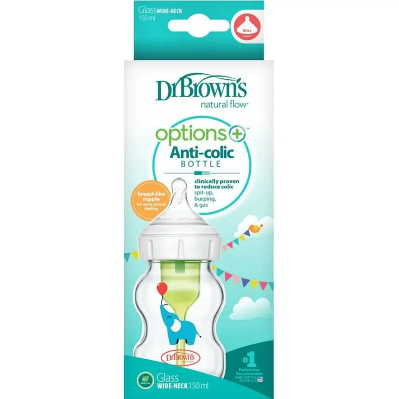 Dr Browns Geniş Ağız Anti-Kolik Options+ Desenli Cam Biberon Fil150 ml