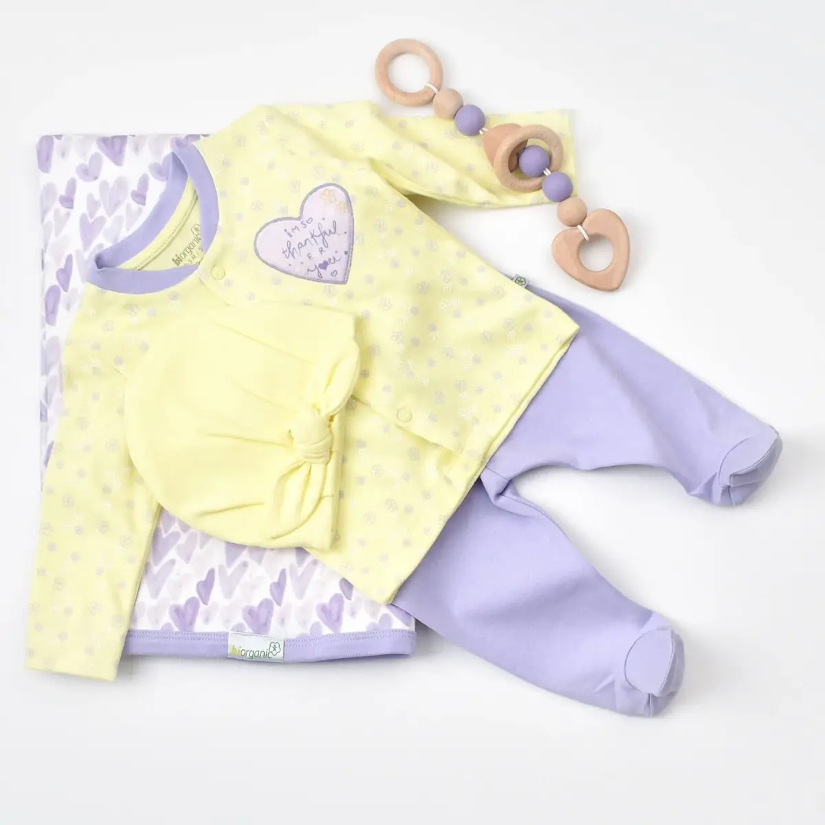 Bibaby Organik Zıbın Takımı Battaniyeli Tüllü Love You Baby Yellow Lavander