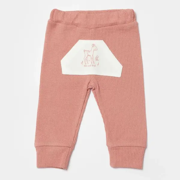 Bibaby Organik Pantolon Waffle Deer And Bird Ekru - Rose