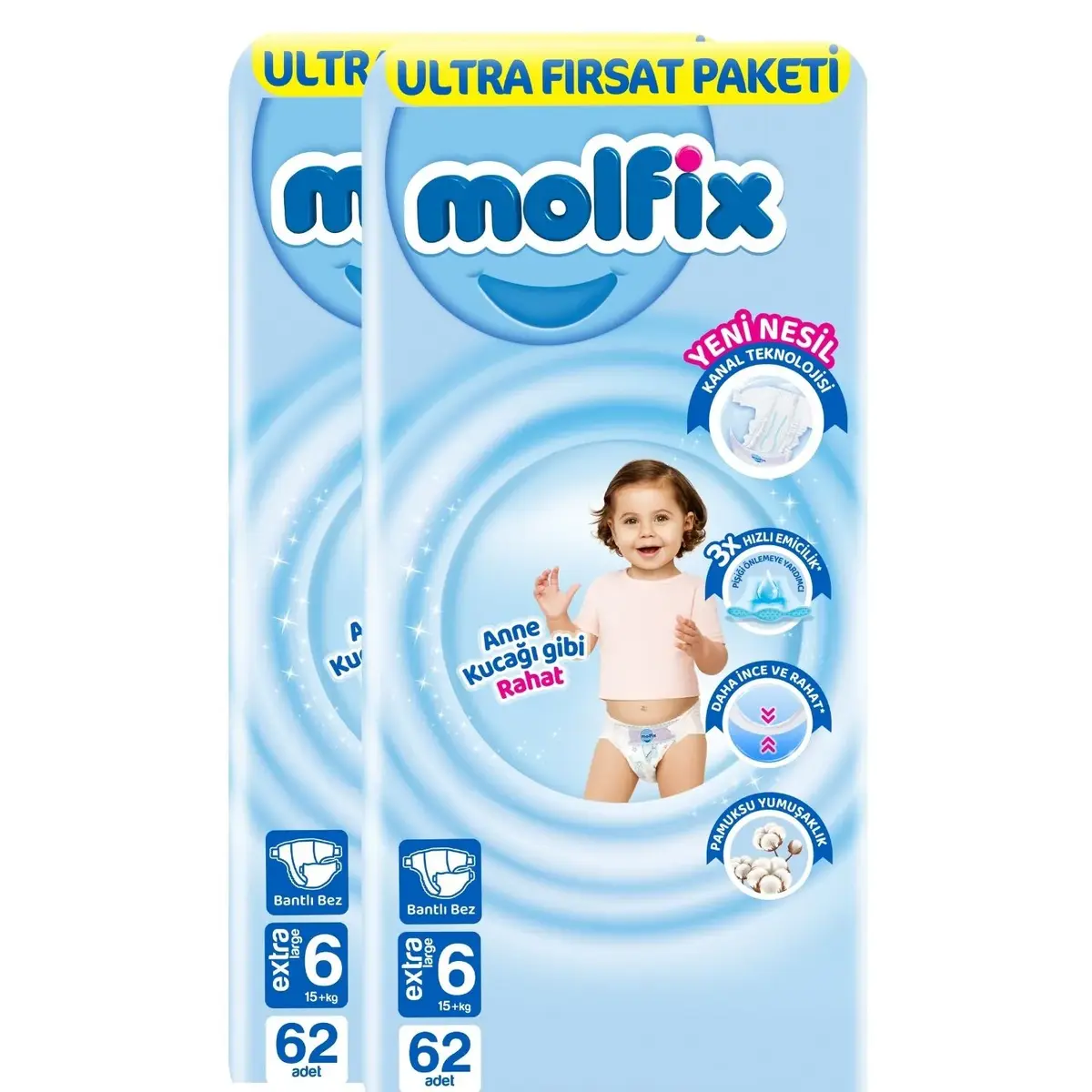 Molfix Bebek Bezi 3D 6 Beden Extra Large 15+ Kg 62li Ultra Fırsat Paketi x2