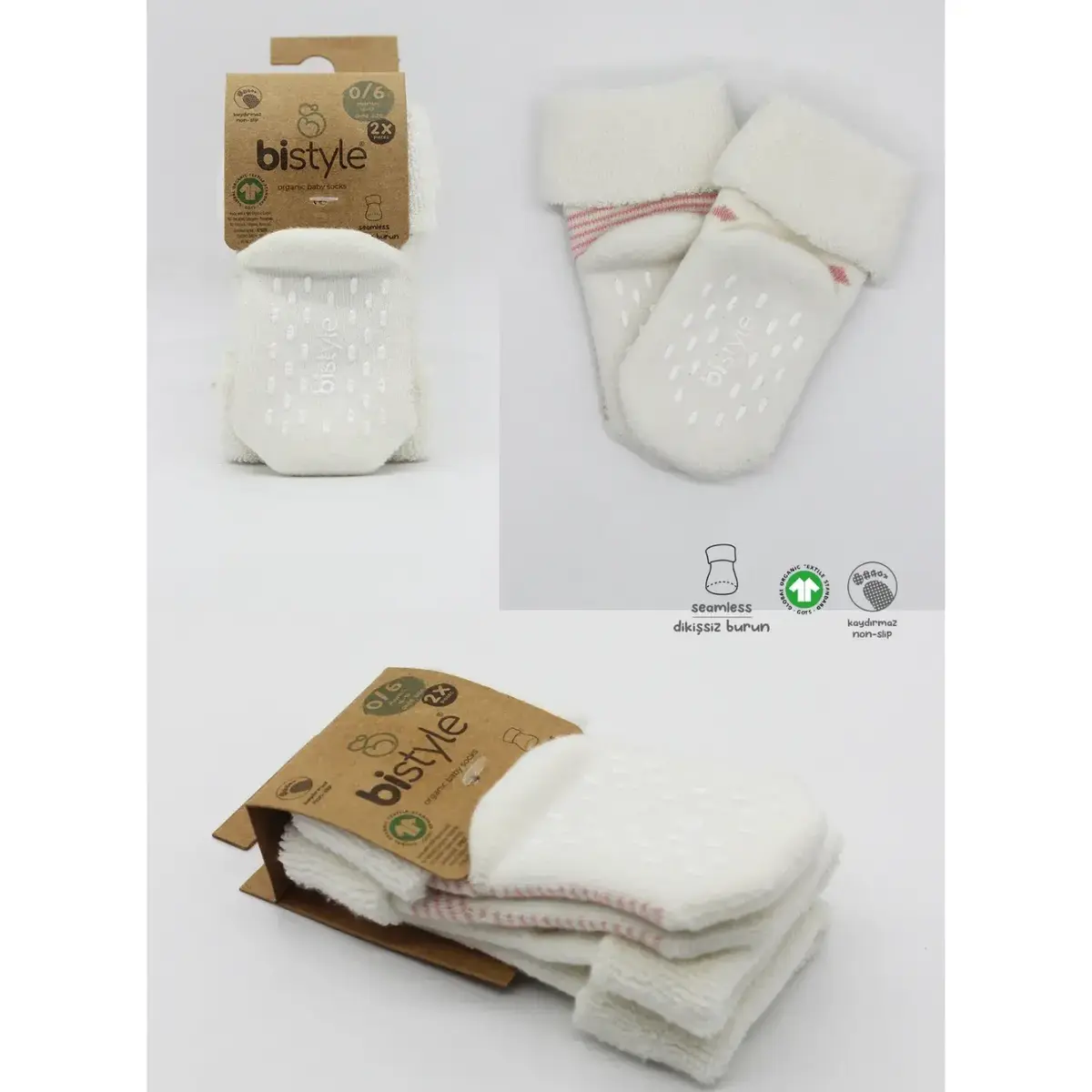 Bistyle Organik Çorap Soket Havlu 2li Kaymaz Çemberli Kıvrık Puanlı  Pudra - Ekru