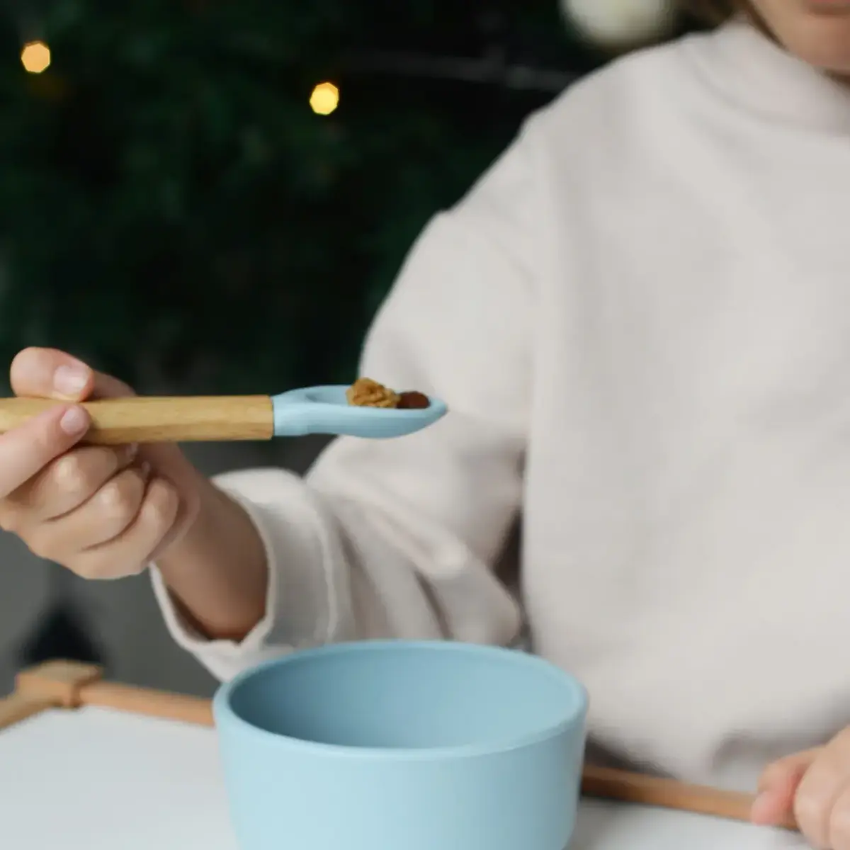 OiOi Silikon Mama Kaşığı 2'li Bambu Saplı Aqua Green/Mineral Blue