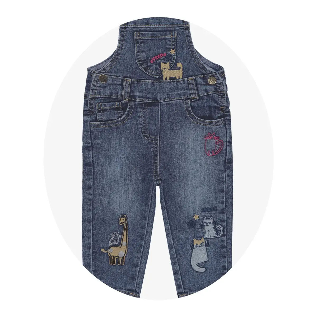Overdo Salopet Kedi Nakışlı Mavi Denim