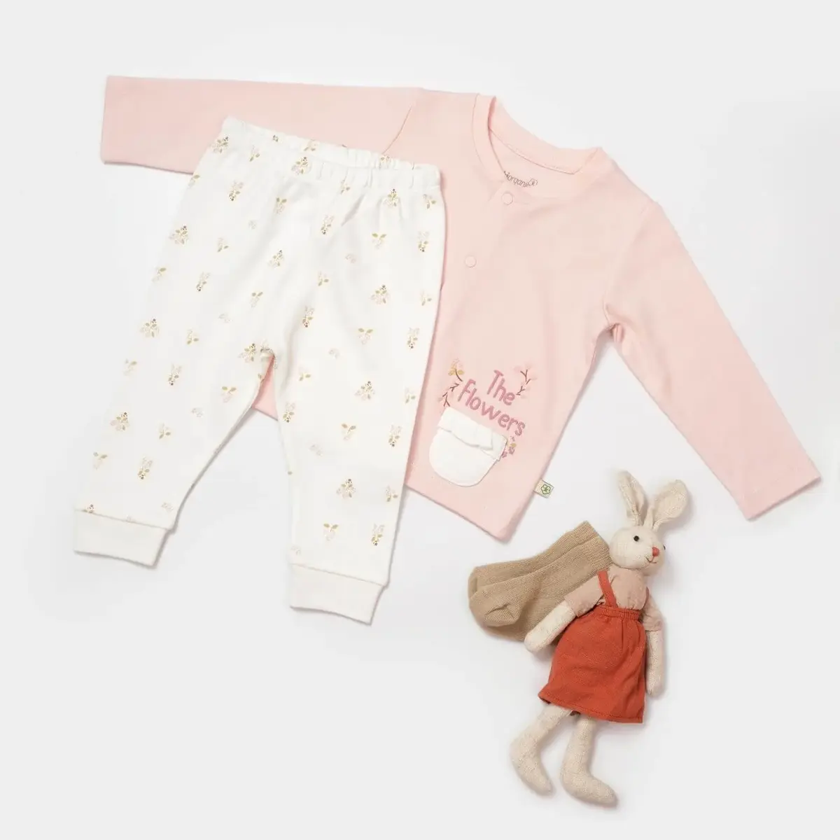 Bibaby Organik Pijama Takımı The Flowers Ekru - Pembe
