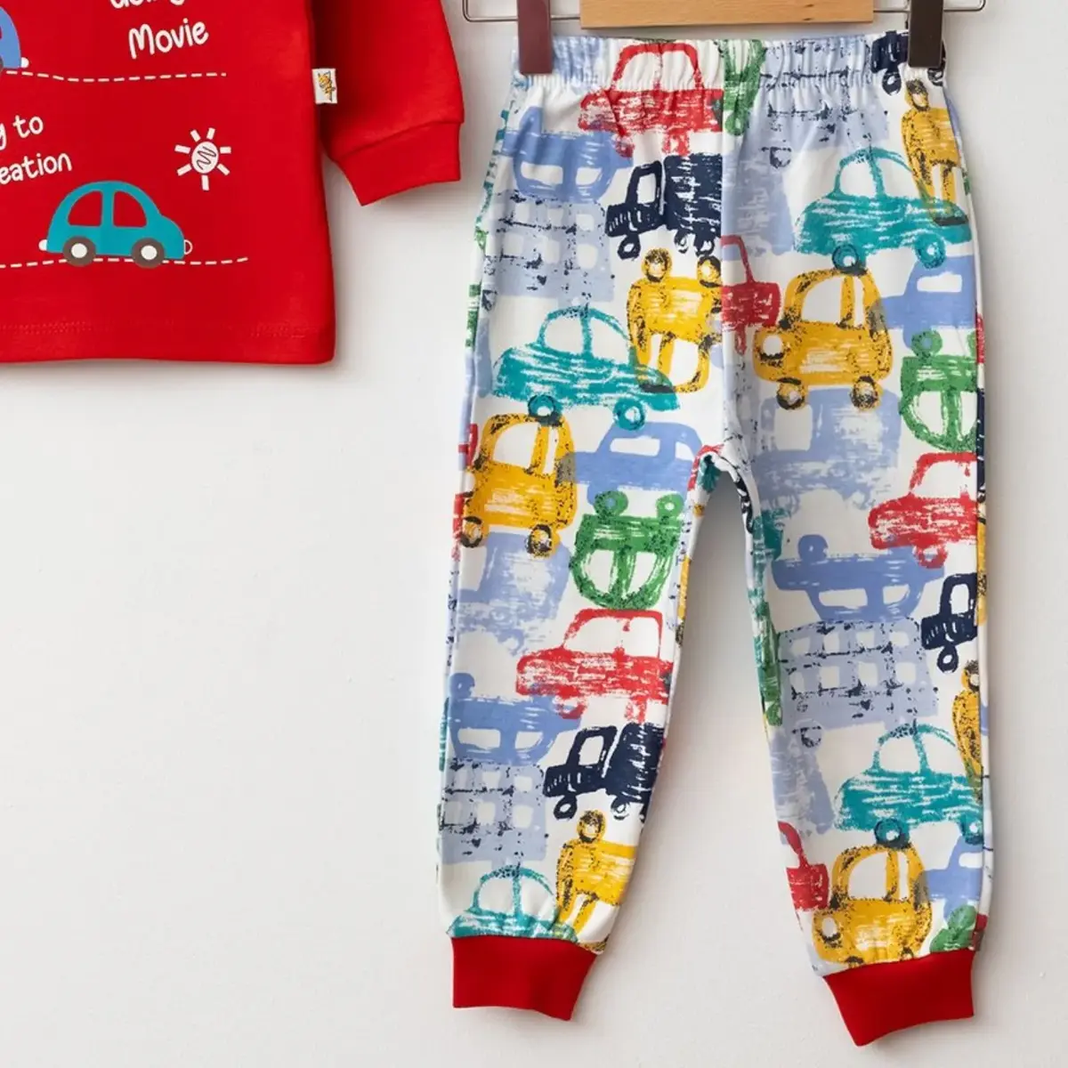 Mini Damla Pijama Takımı Penye Araba Baskılı Kırmızı
