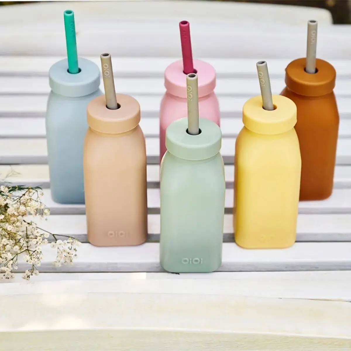 OiOi Şişe + Pipet Bubble Beige - Powder Grey