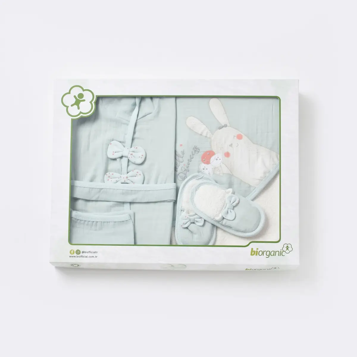 Bibaby Organik Bornoz Takımı Pretty Ears Bunny Mint - Ekru