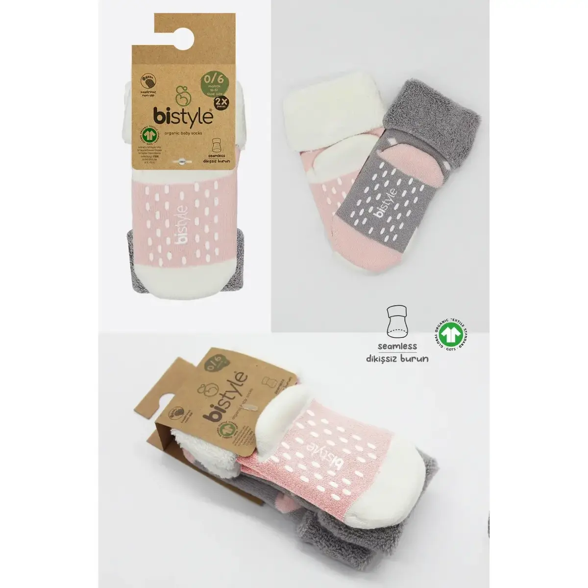 Bistyle Çorap Soket Havlu 2li Kaymaz Point Girl Gri - Pudra