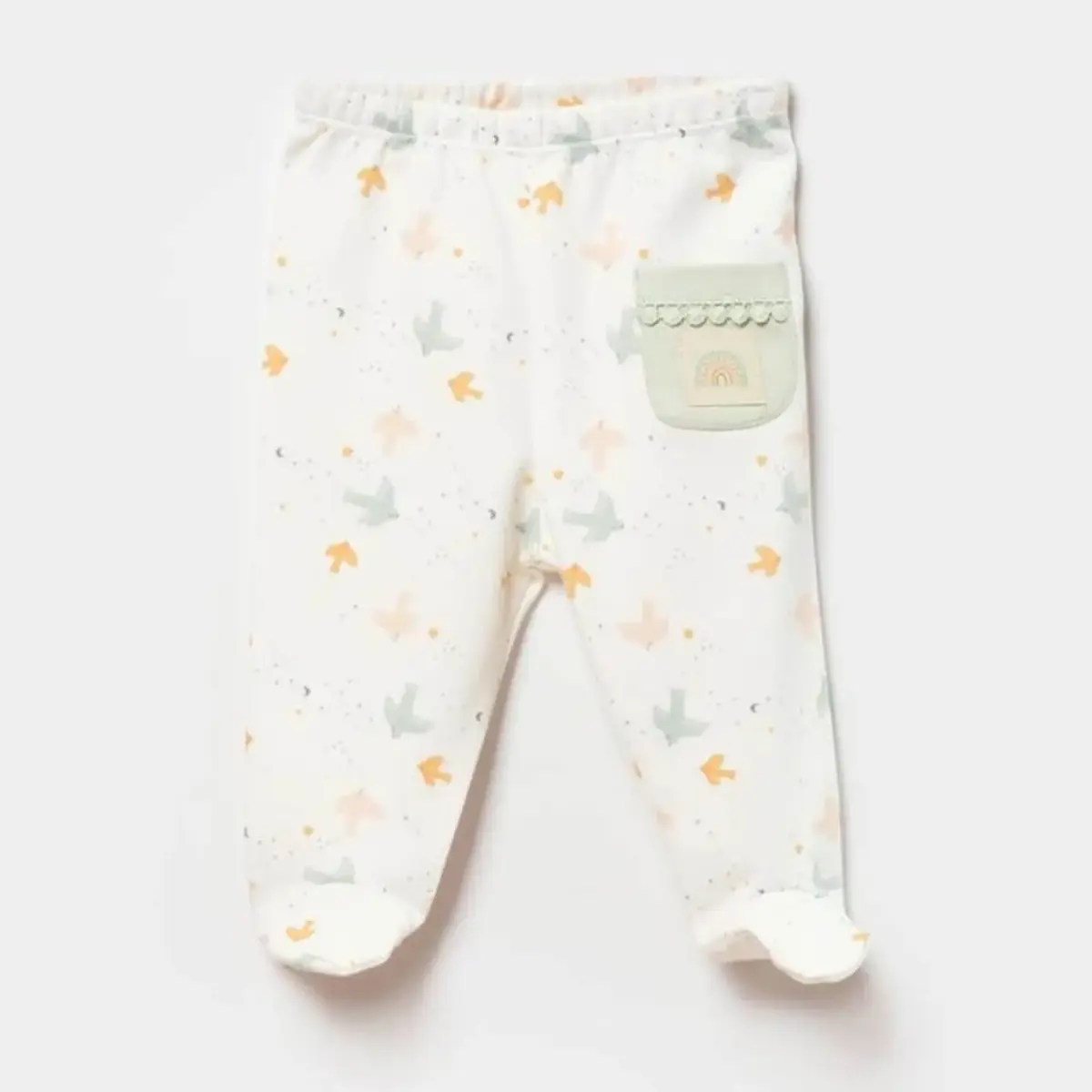 Bibaby Organik Pantolon Patikli Tiny Birds Ekru - Yeşil