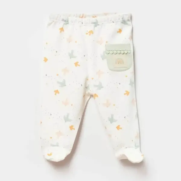 Bibaby Organik Pantolon Patikli Tiny Birds Ekru - Yeşil