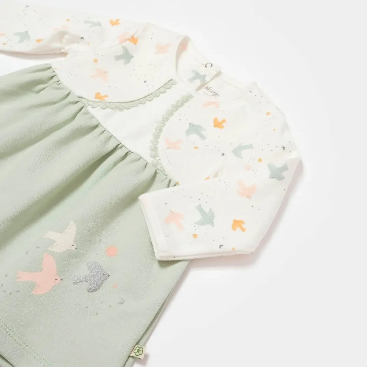 Bibaby Organik Elbise Tiny Birds Ekru - Yeşil