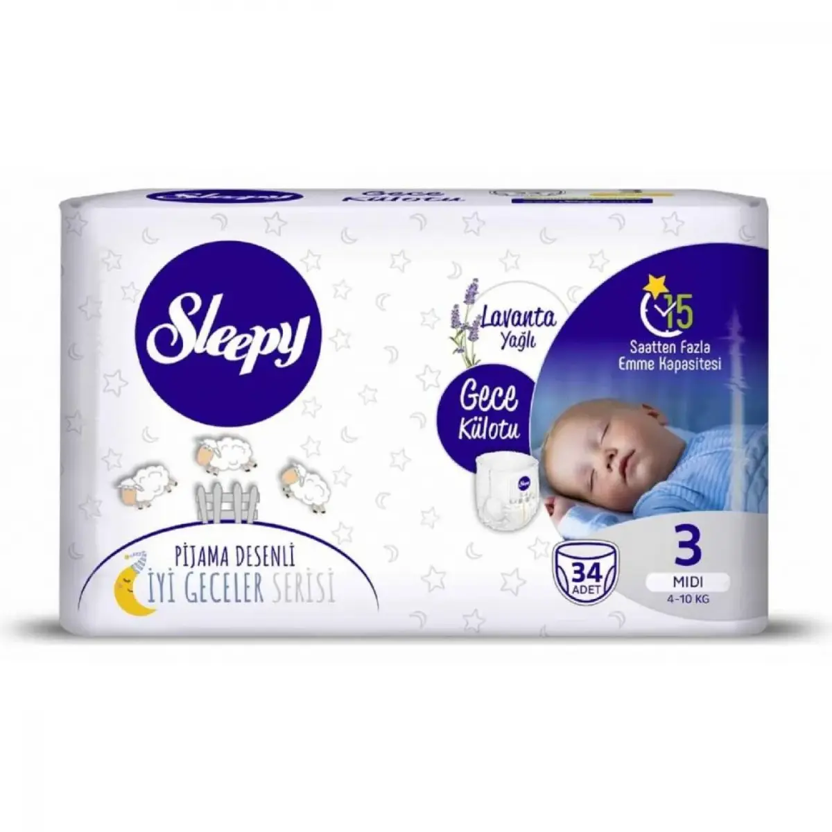 Sleepy Külot Bebek Bezi Gece Lavanta Yağlı 3 Beden Midi 4-10kg 34lü