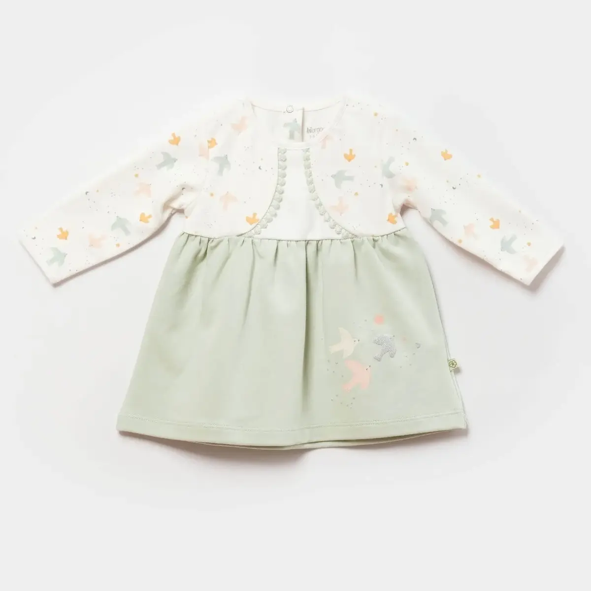 Bibaby Organik Elbise Tiny Birds Ekru - Yeşil