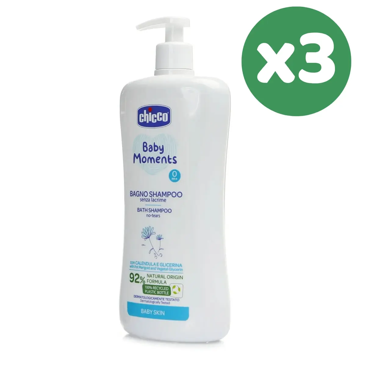 Chicco Baby Moments Doğal Göz Yakmayan Bebek Saç ve Vücut Şampuanı 750 ml x 3 Adet