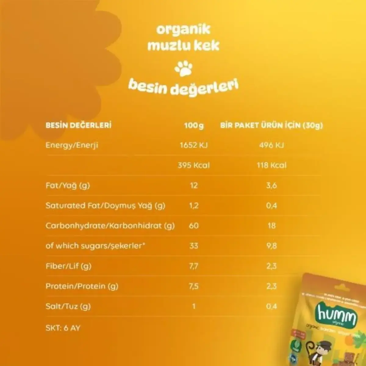 Humm Organik Glutensiz Vegan Muzlu Kek 30 gr