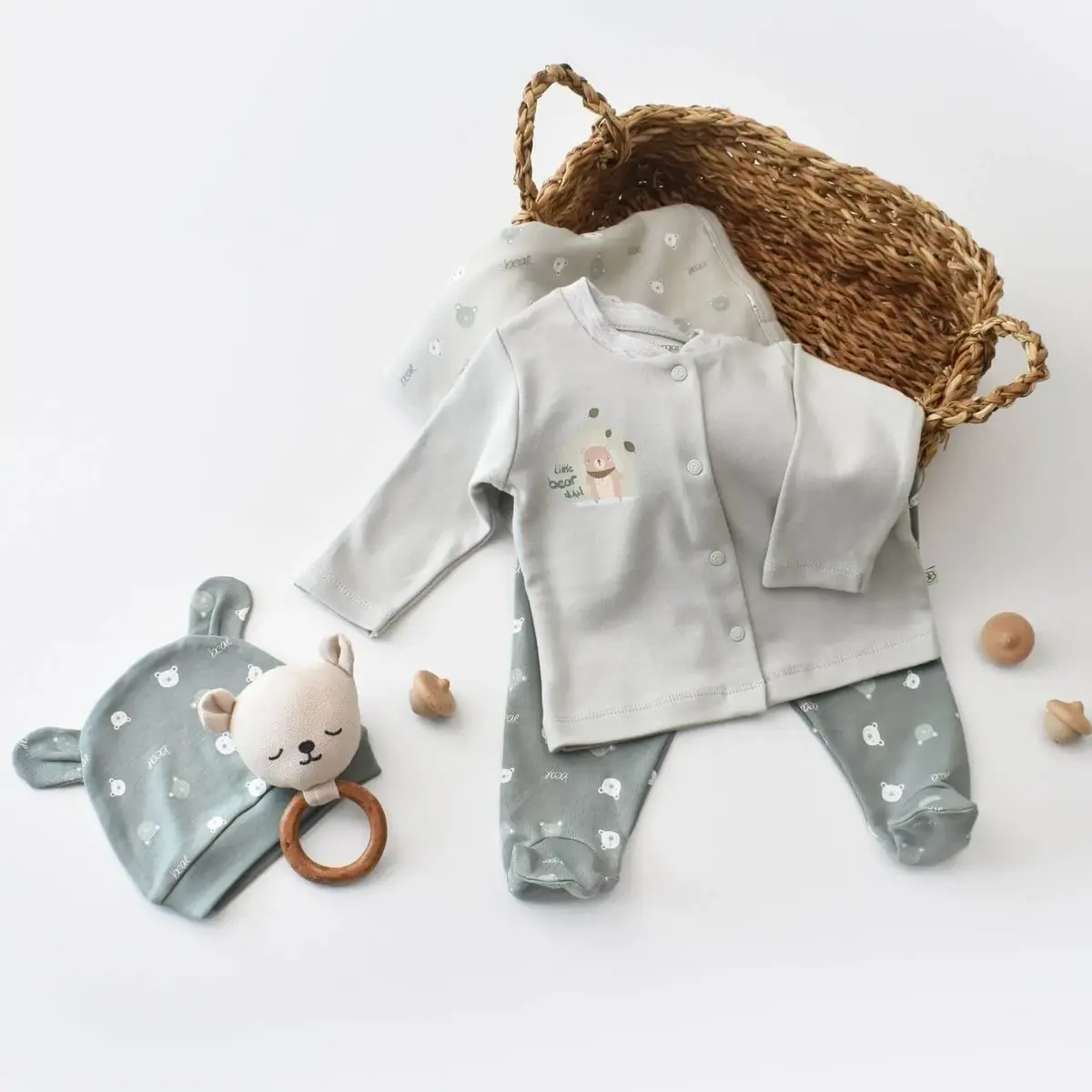 Bibaby Organik Zıbın Takımı Battaniyeli Tüllü Hug Me Bear Yeşil