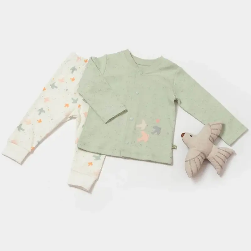 Bibaby Organik Pijama Takımı Tiny Birds Ekru - Yeşil