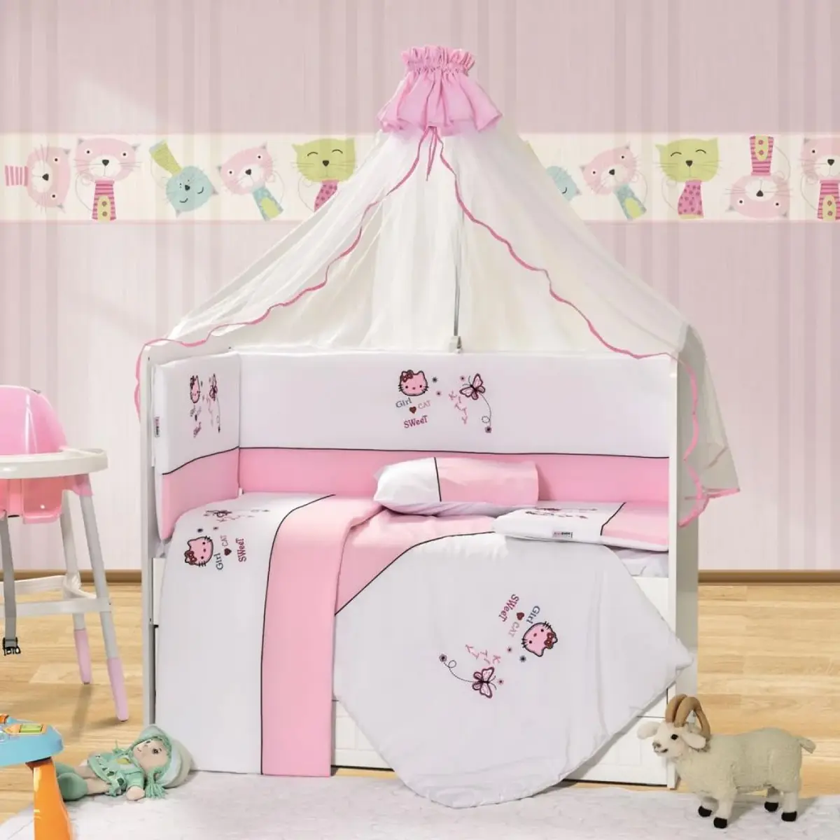 Tofin Bebek Uyku Seti Tatlı Kedi 60x120 Pembe