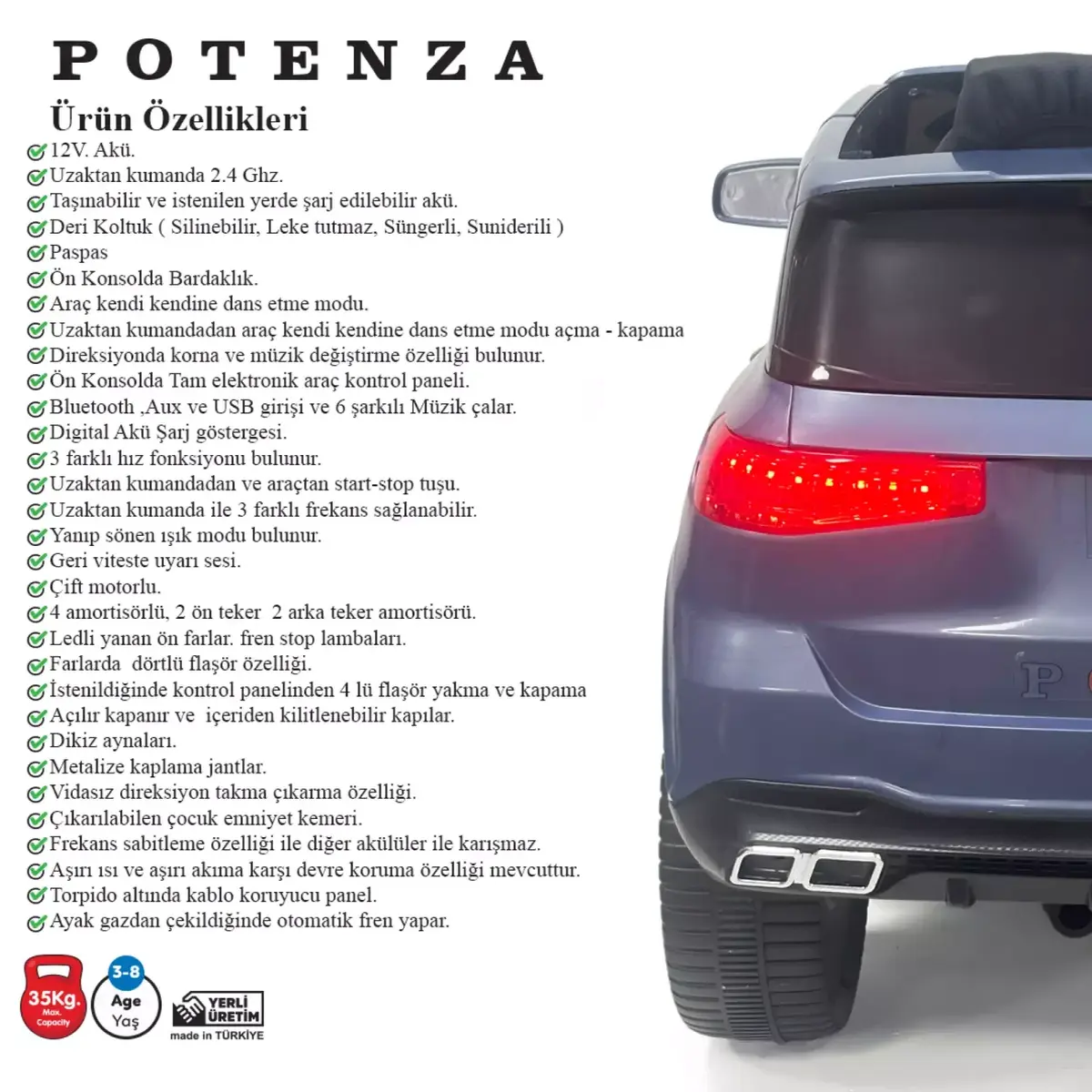 Potenza Akülü Araba Kumandalı 4*2 12 Volt Atlantis Mavisi