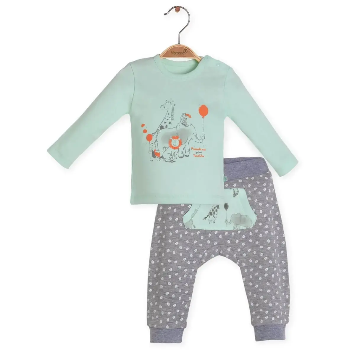 Bibaby Organik 2li Takım Travel Zoo Yeşil - Gri