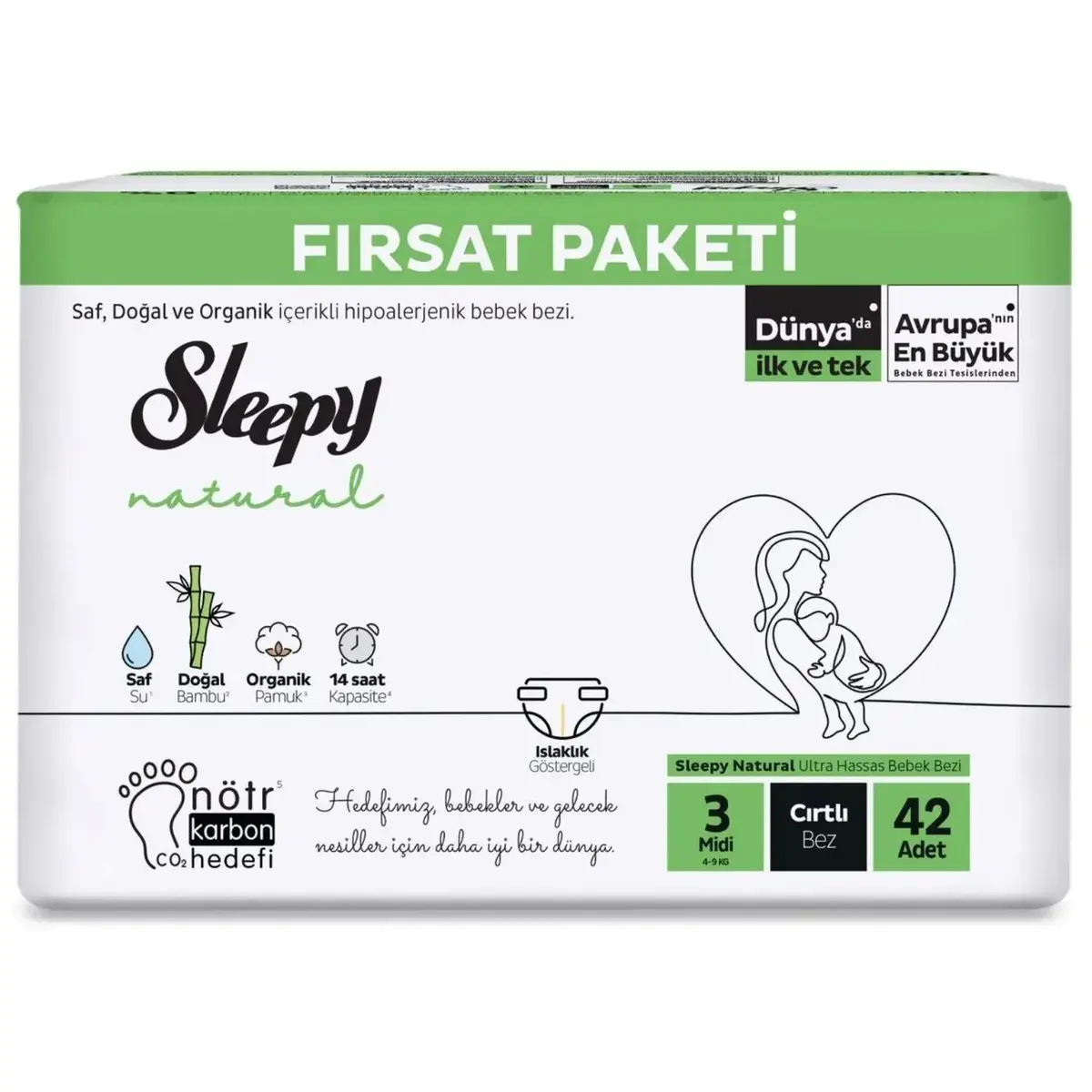 Sleepy Bebek Bezi Natural 3 Beden Midi 4-9 Kg 42li Fırsat Paket