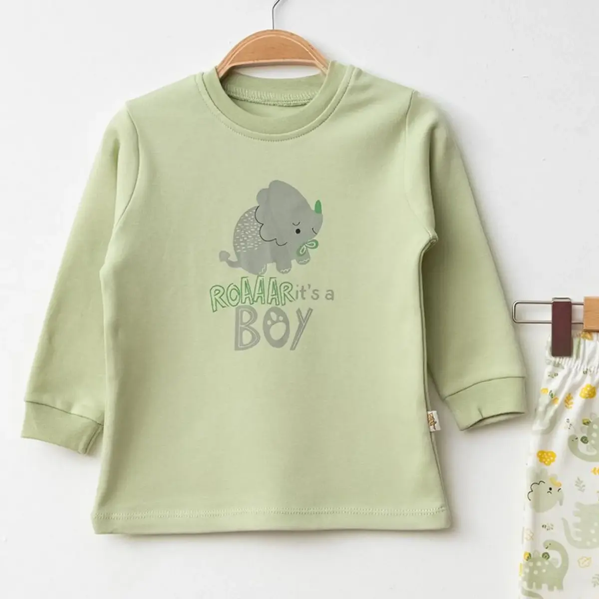 Mini Damla Pijama Takımı Penye Dinazor Emprime Yeşil