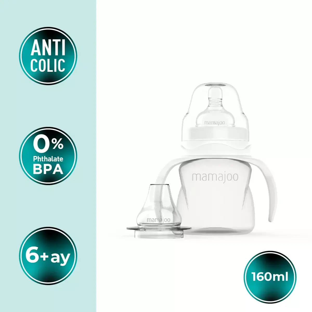 Mamajoo Kulplu Eğitici Biberon 160 ml & Anti-Kolik Silikon Bardak Ucu 6 Ay+ 