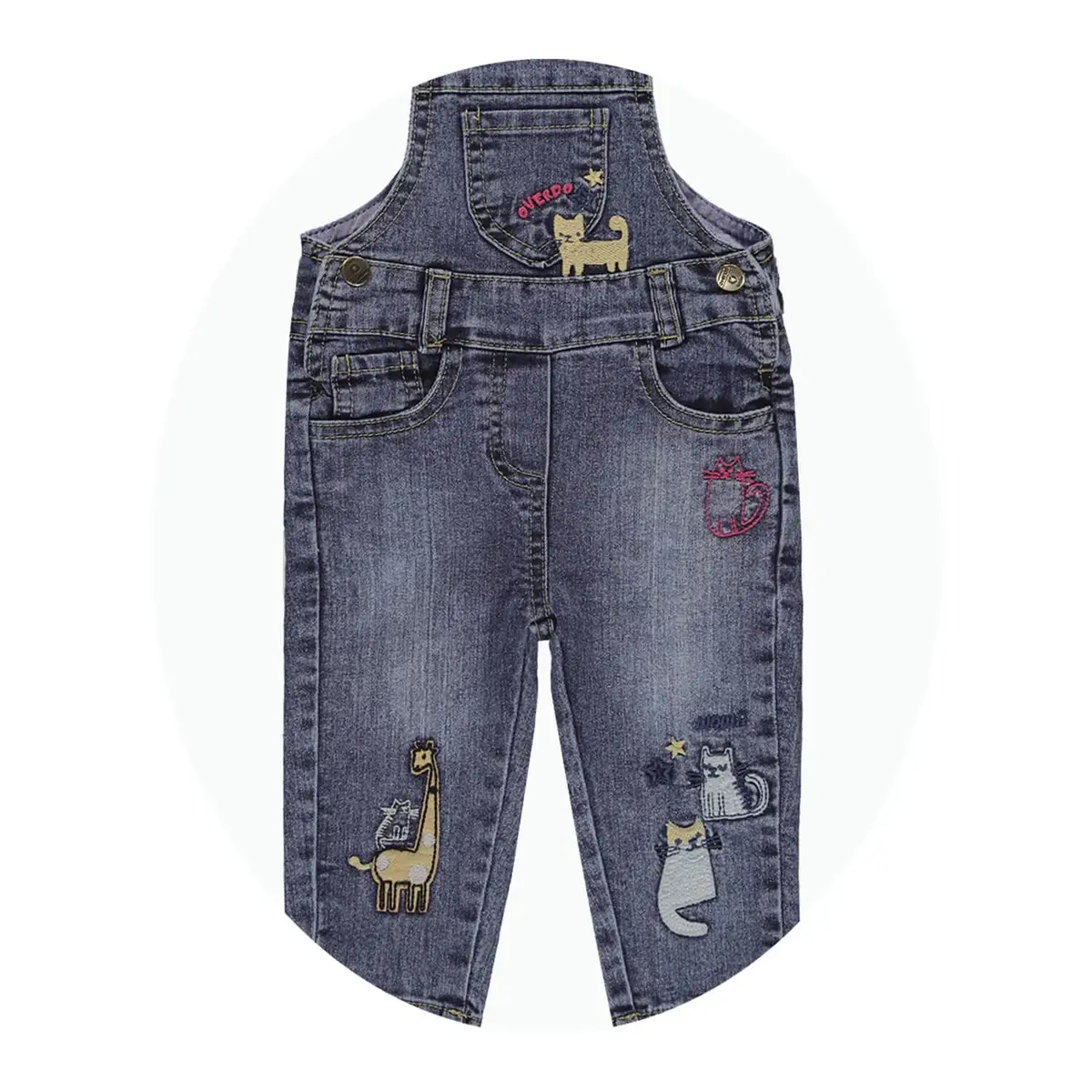 Overdo Salopet Kedi Nakışlı Mavi Denim