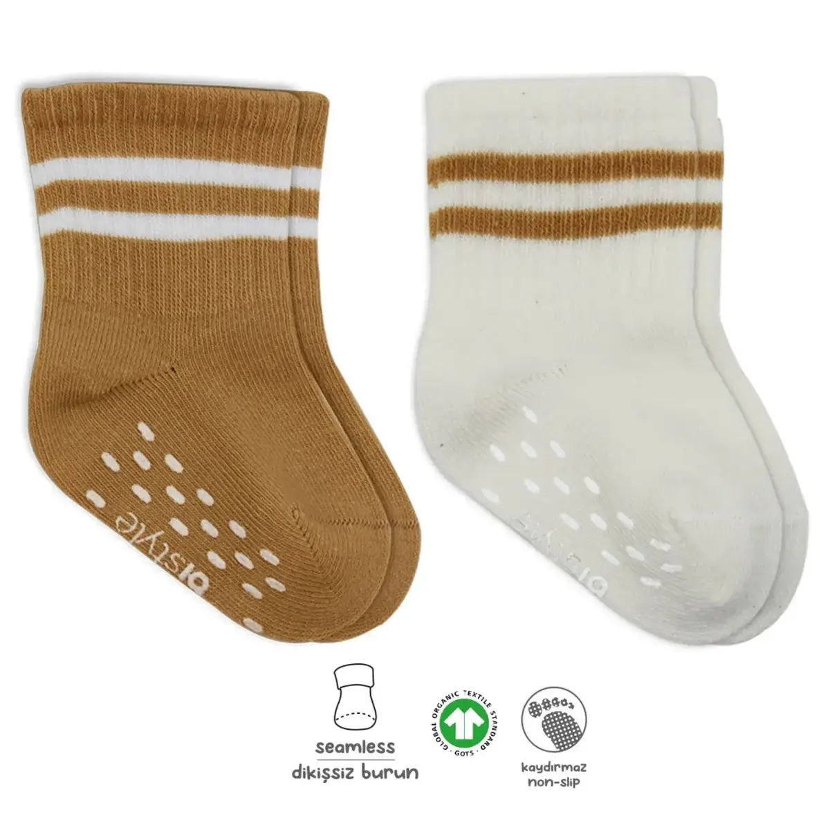 Bistyle Çorap Soket 2li Kaymaz Çemberli Hardal - Ekru