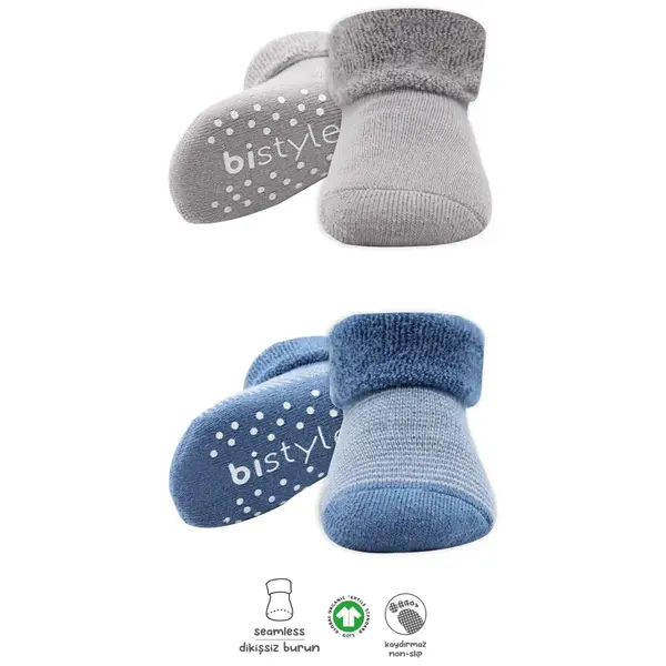 Bibaby Organik Çorap Soket Havlu 2li Kaymaz Çemberli Kıvrık Bistyle İndigo - Gri