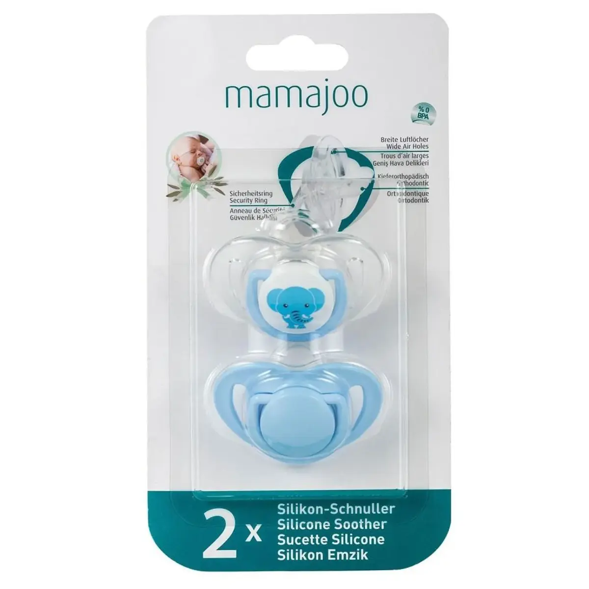 Mamajoo Ortodontik Silikon Emzik 2li 12+ Ay Fil Mavi