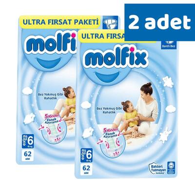 Molfix Bebek Bezi 3D 6 Beden Extra Large 15+ Kg 62li Ultra Fırsat Paketi x2