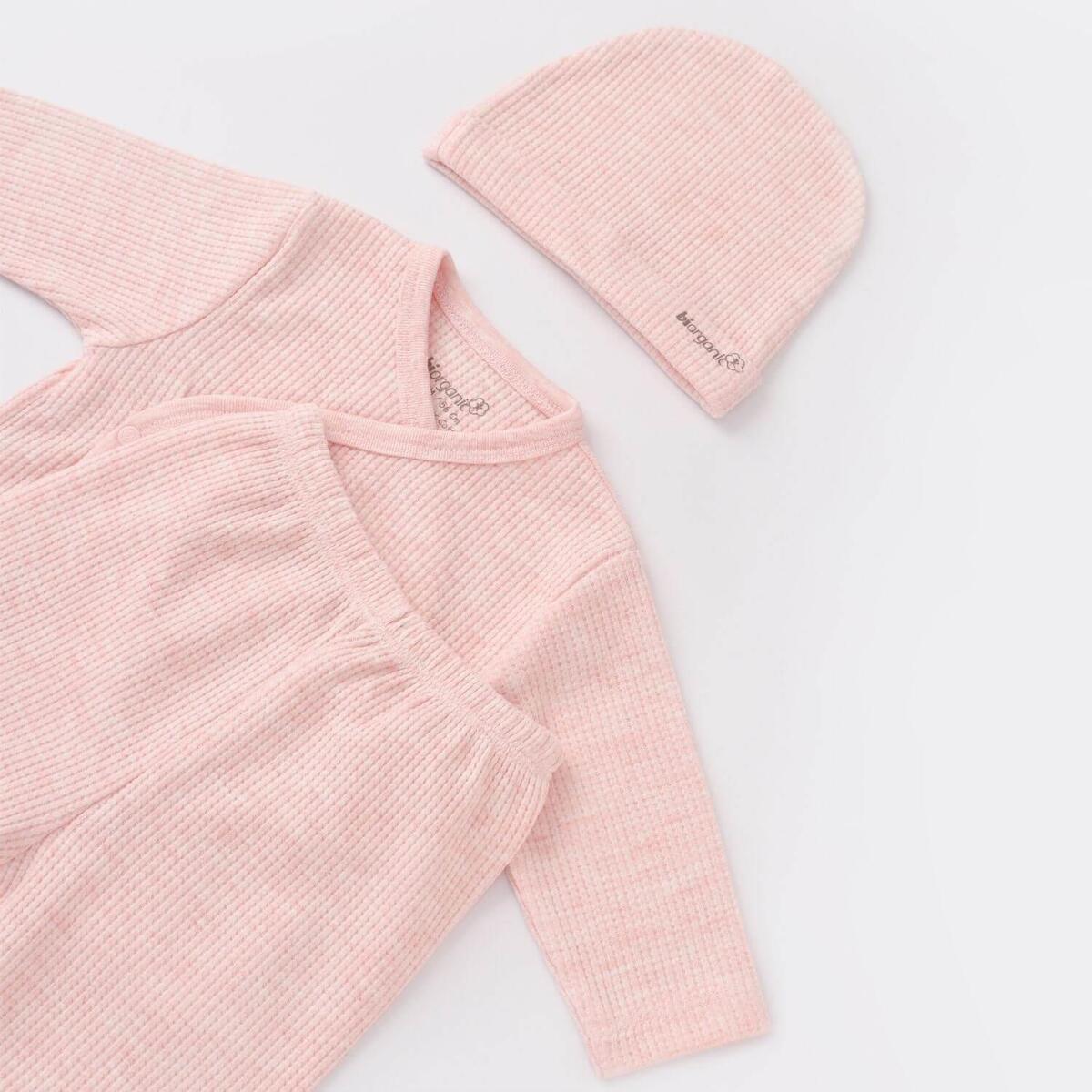 Bibaby Organik Zıbın Takımı 3lü Nature In Waffle Pembe Melanj