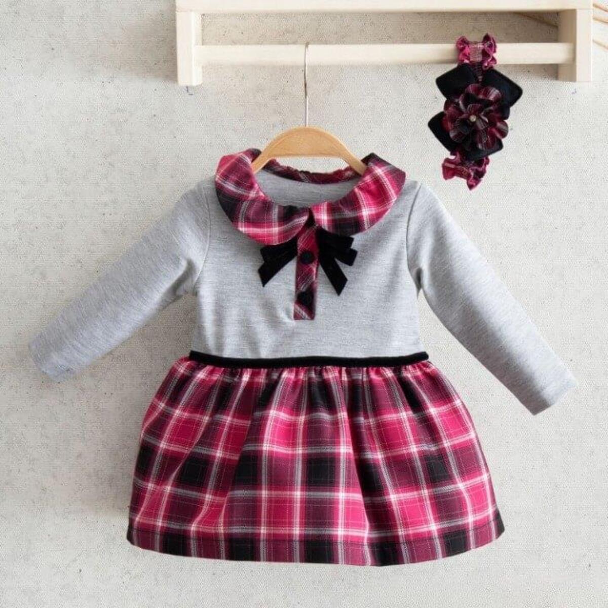 Miomini Elbise Saç Bantlı Fiyonklu Ekose Kadife Fuşya