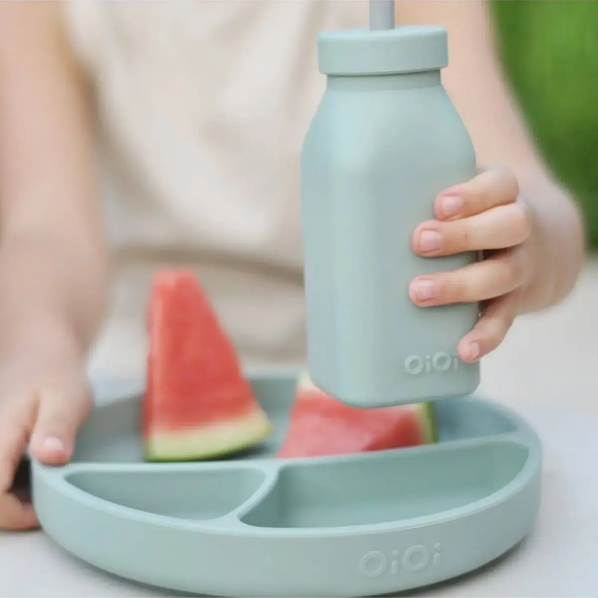 OiOi Şişe + Pipet River Green - Powder Grey